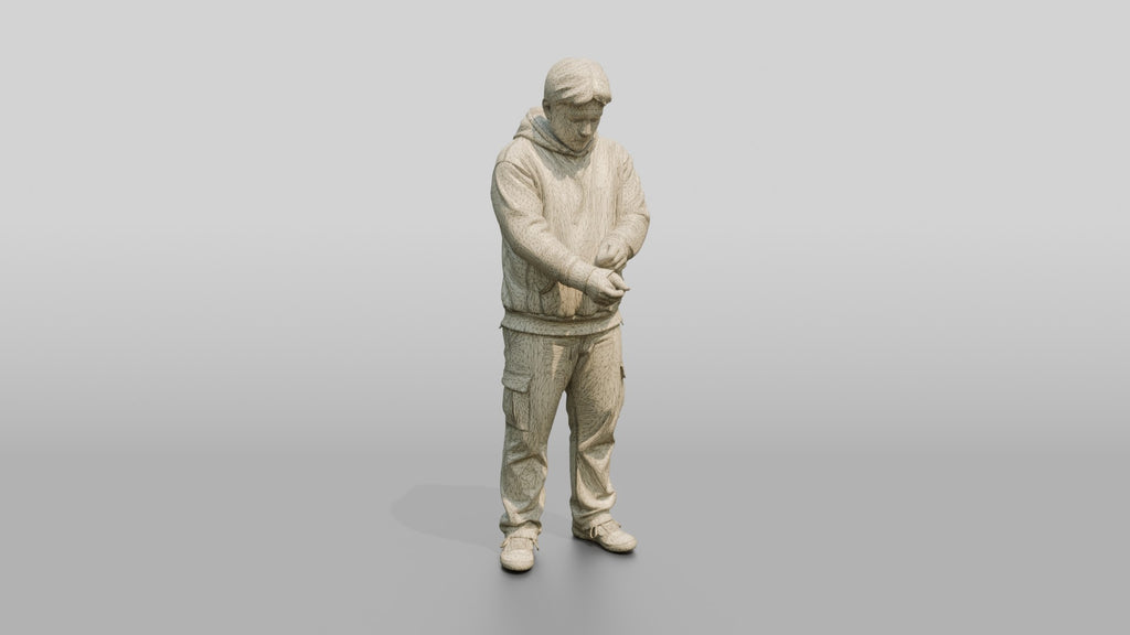 Homeless Man Adjusting His Worn Hoodie
