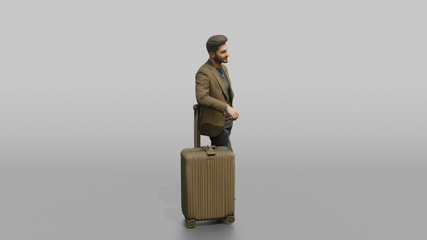 Vacationer Leaning On Large Spinner Suitcase