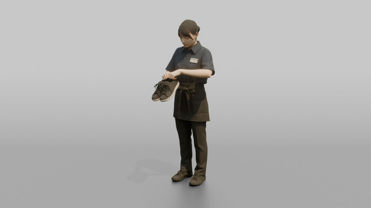 Woman Shop Assistant Arranging A Pair Of Shoes In Her Hands - 3D character model, view 4