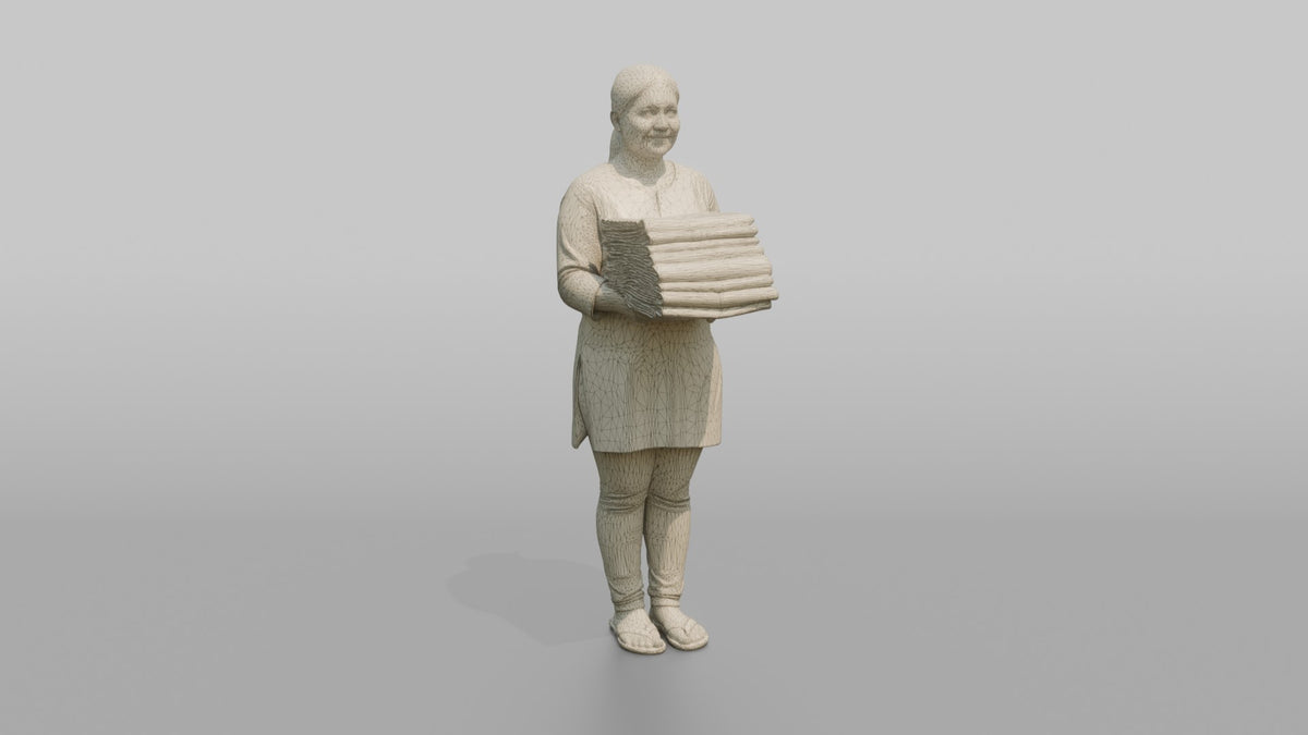Mother Carrying A Stack Of Clean Folded Laundry - wireframe topology preview