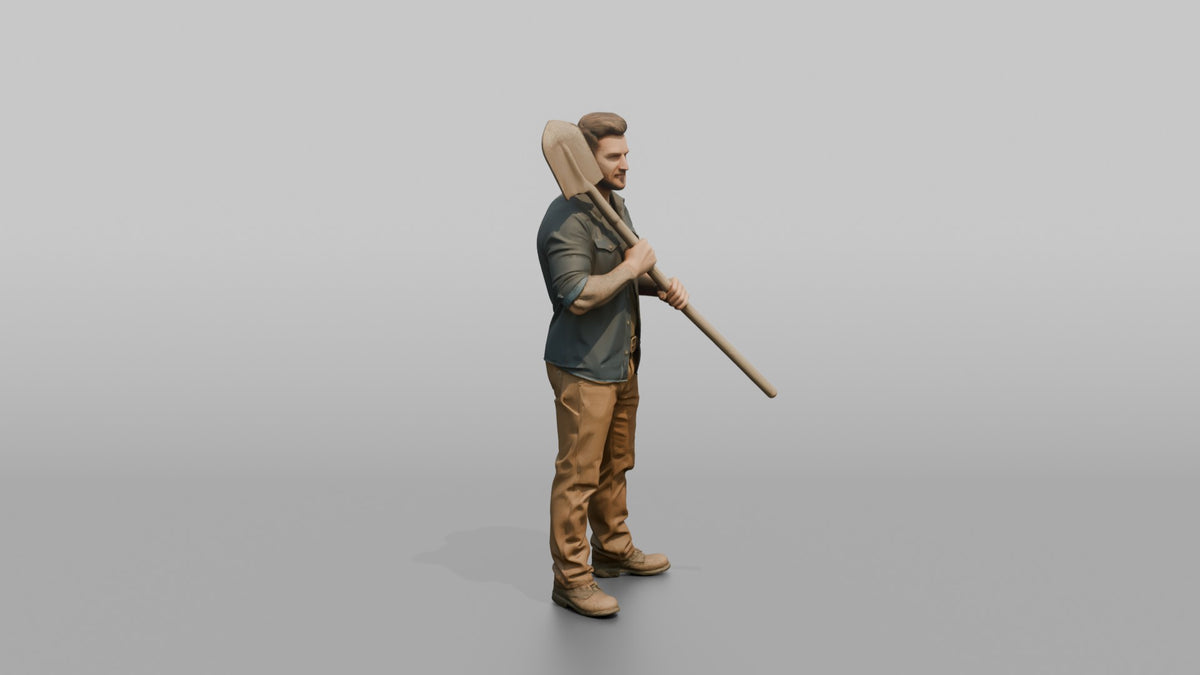 Farmer Holding Heavy Steel Shovel Resting Over - 3D character model