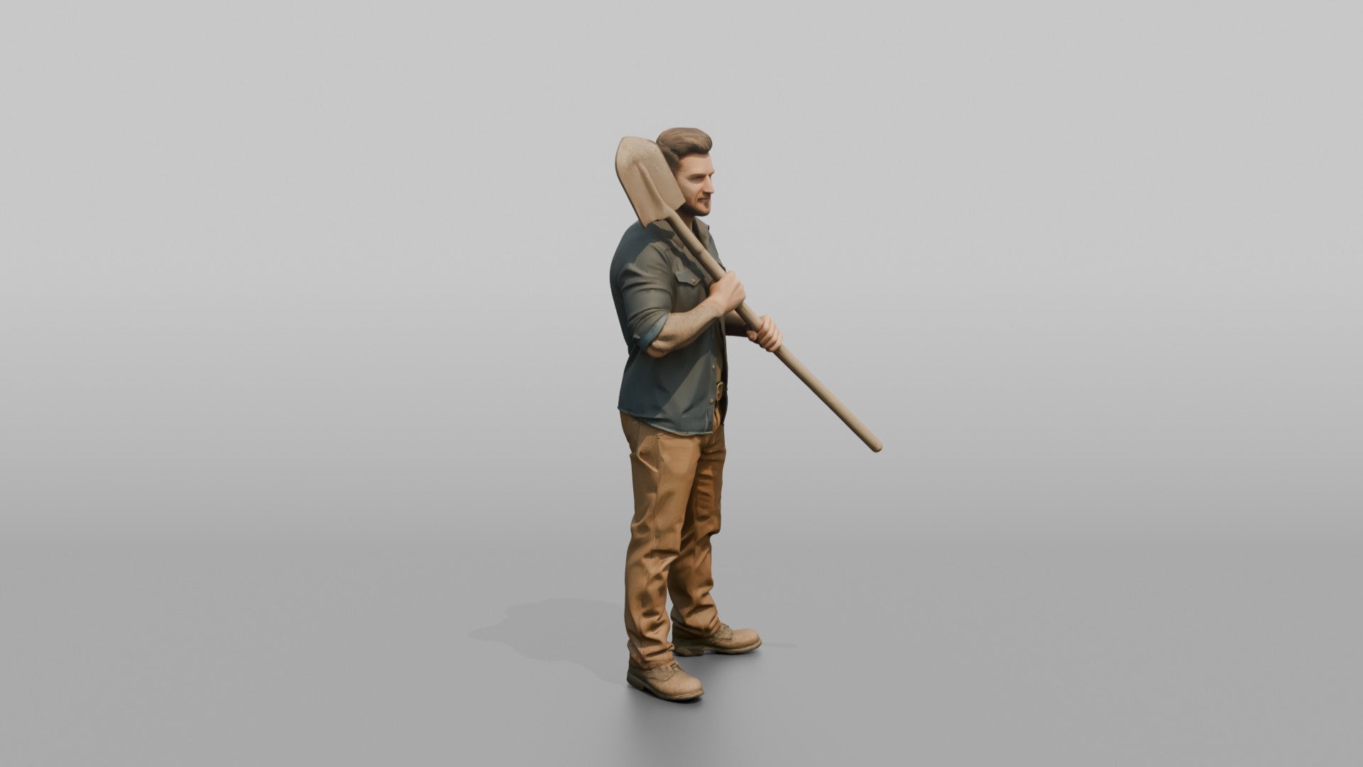 Farmer Holding Heavy Steel Shovel Resting Over