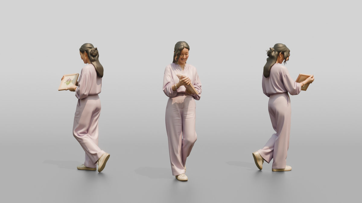 Pastel Blouse Woman Admiring Framed Art - 3D character model