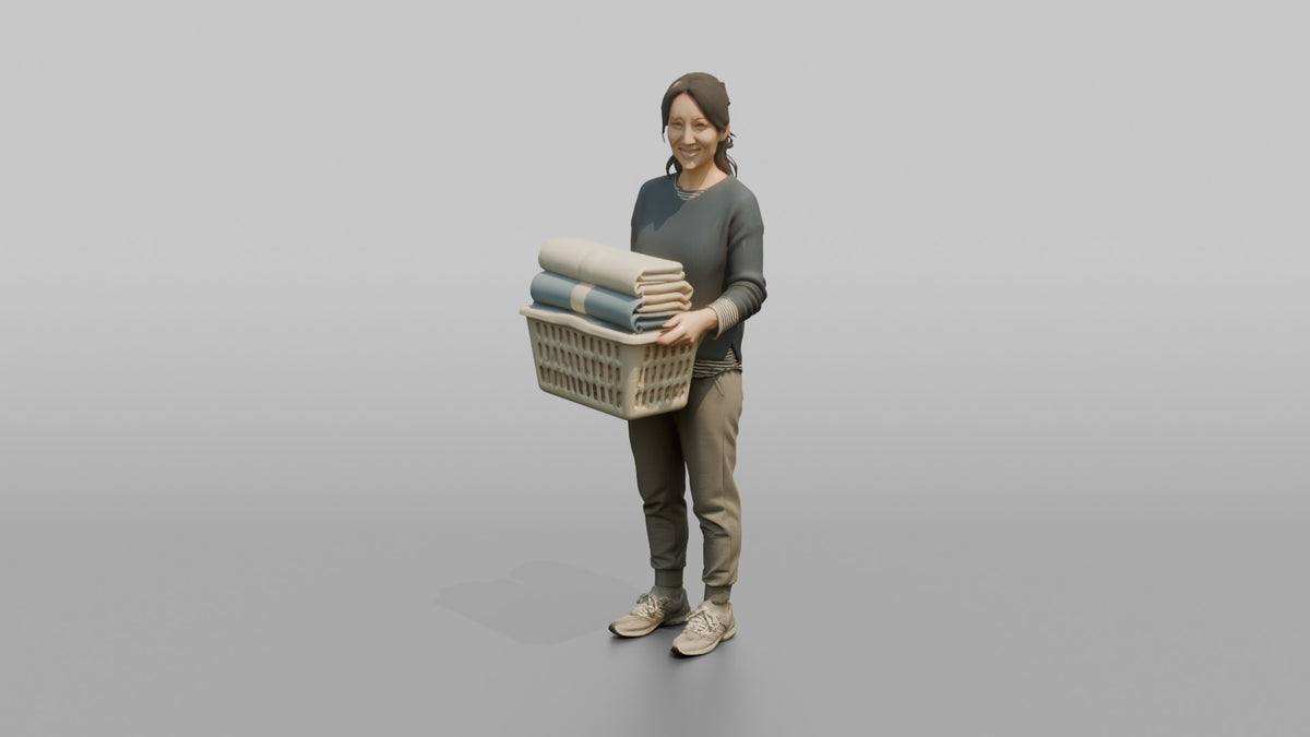 Mother Holding A Laundry Basket Full Of Folded Towels - 3D character model, view 5