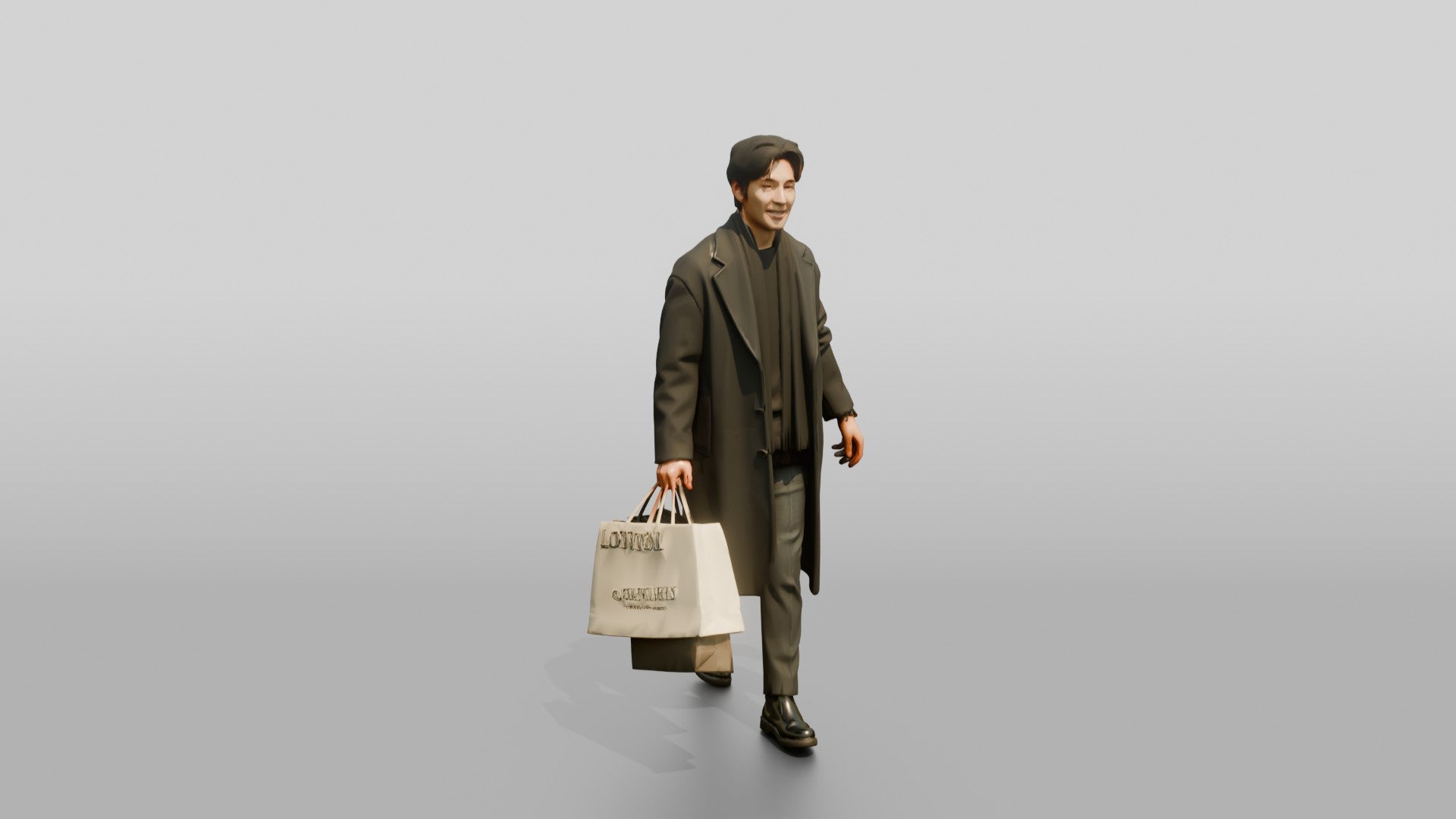 Man Walking in Long Wool Coat with Shopping Bags