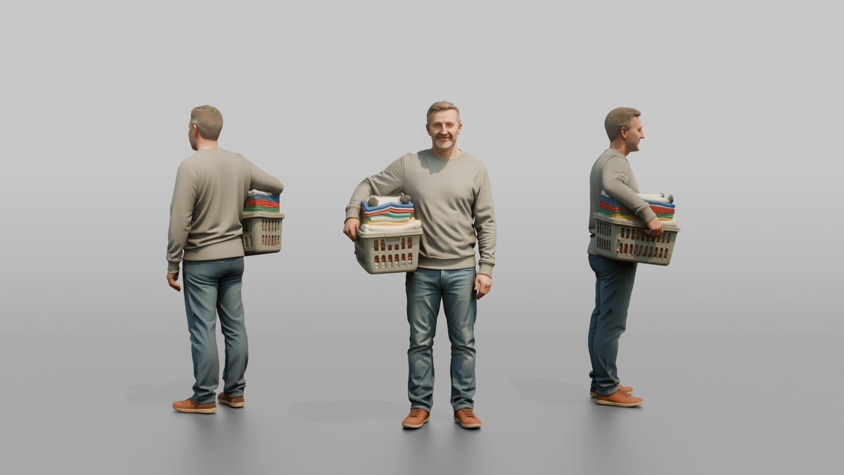 Father Carrying A Laundry Basket Full Of Folded Clothes On One Hip - 3D character model, view 1