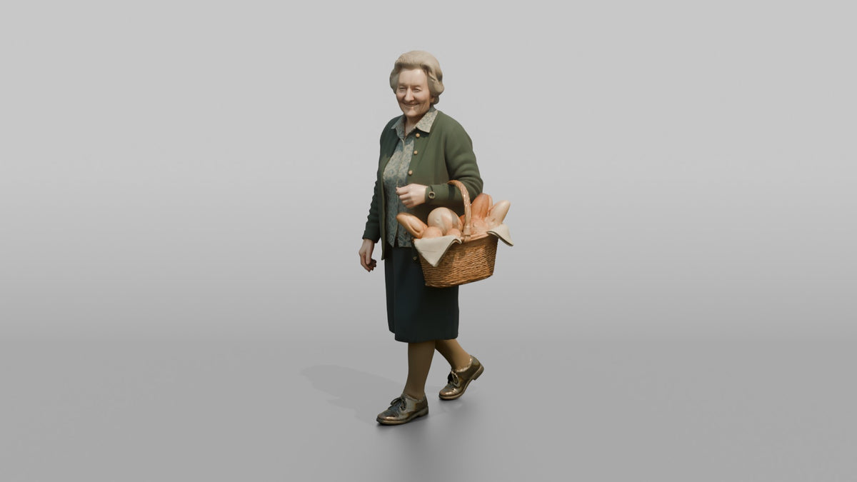 Grandmother Carrying A Wicker Basket Of Fresh Bread - 3D character model, view 4