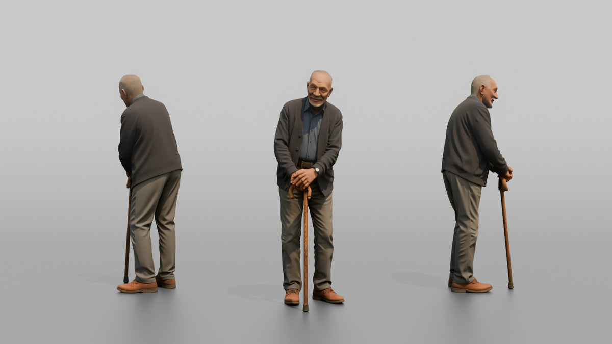 Grandfather Leaning On A Wooden Cane With Both Hands - 3D character model, view 1
