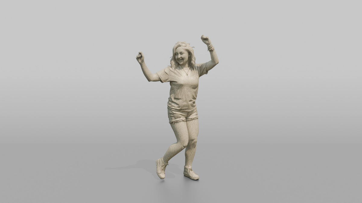 Patron Woman Wearing A Vibrant Tie-dye Shirt, Arms Raised Dancing - wireframe topology preview