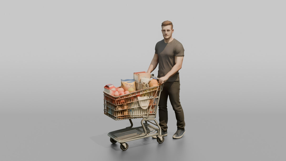 Man Customer Standing With A Shopping Cart Full Of Items - 3D character model, view 5