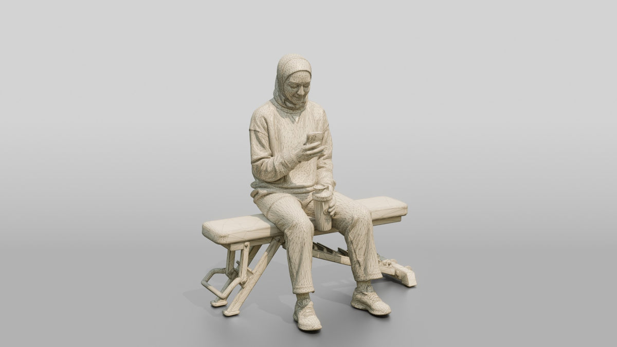 Woman in Sports Hijab Sitting - wireframe topology preview