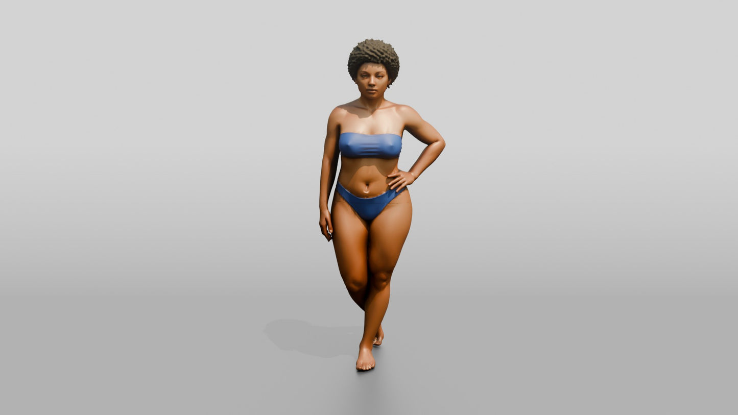Curvy Black Woman in Blue Two-Piece Swimsuit Hand on Hip