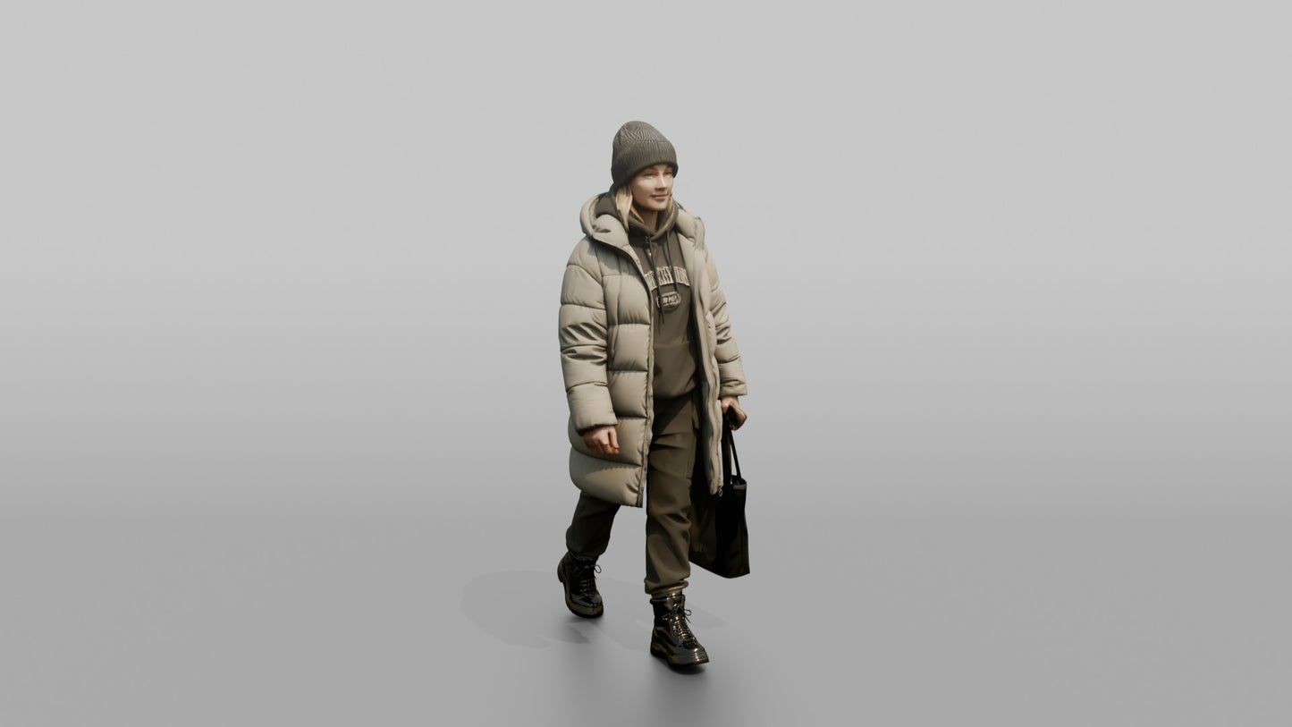 Scandinavian Woman Walking in an Oversized Puffer Coat