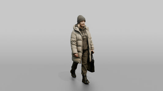 Scandinavian Woman Walking in an Oversized Puffer Coat - 3D character model, view 1