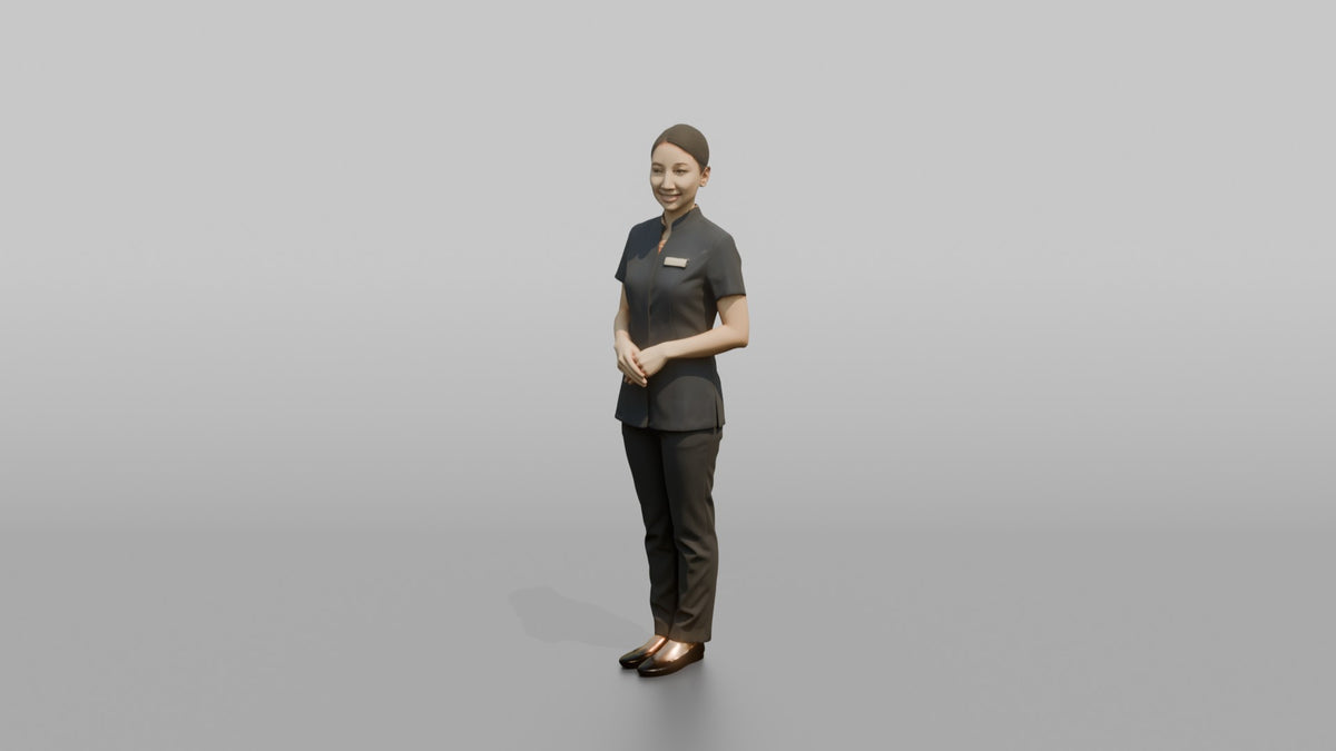 Spa Receptionist Woman Standing With Hands Folded, Welcoming Posture - 3D character model, view 4
