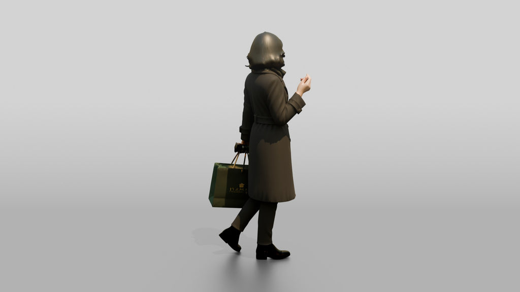 Woman in Double-Breasted Coat with Shopping Bag