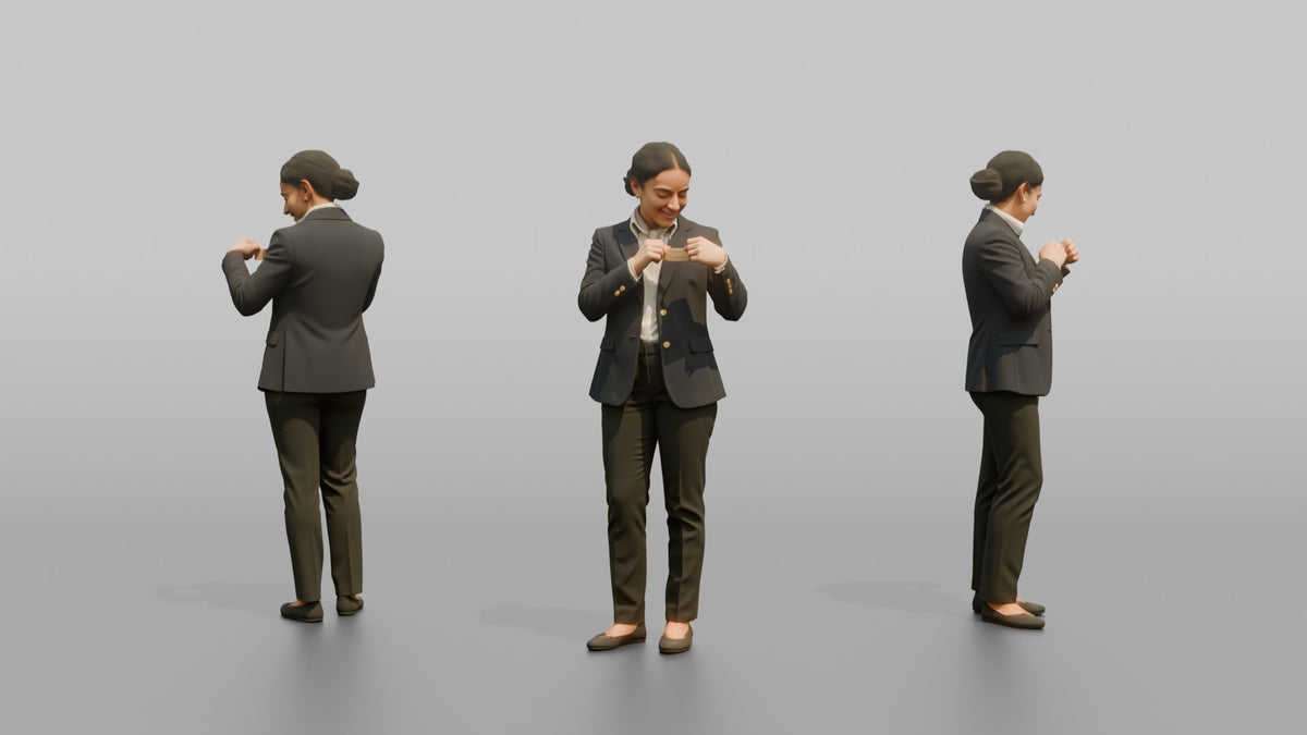 Concierge Woman Adjusting A Name Badge On Their Blazer - 3D character model, view 1