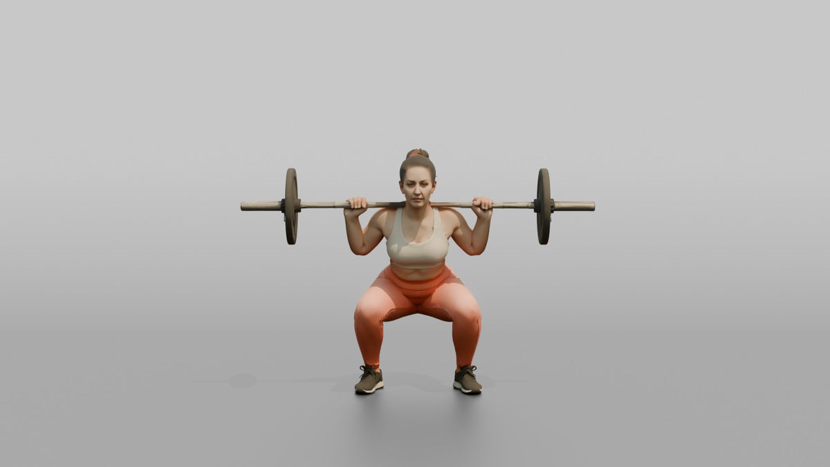 Weightlifter Woman Holding A Barbell Across The Shoulders In A Squat Stance - 3D character model, view 5