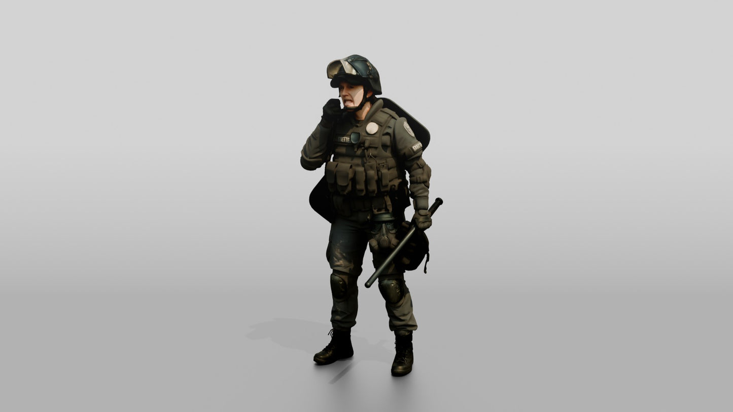 Riot Police Officer Standing with Baton