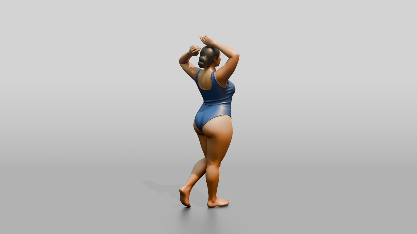 Curvy Woman in Blue One-Piece Swimsuit Arms Raised