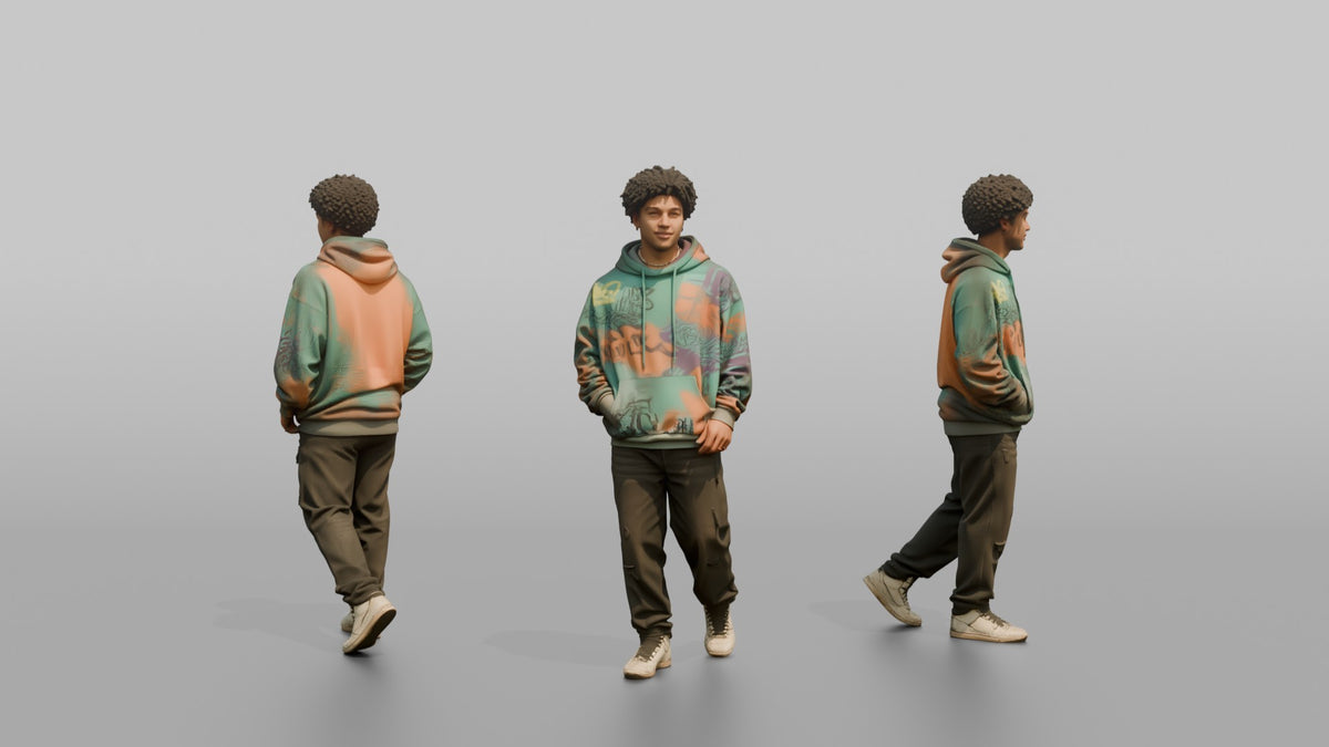 Patron Man Striking A Confident Urban Pose In An Oversized Colorful Hoodie - 3D character model, view 1