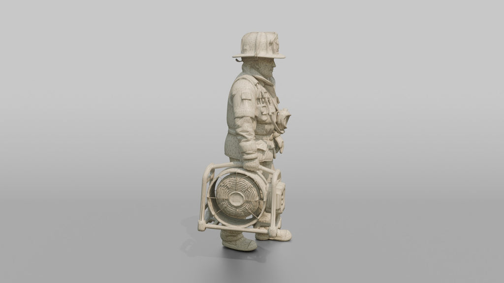 Firefighter Woman Carrying a Battery-powered Ventilation Fan