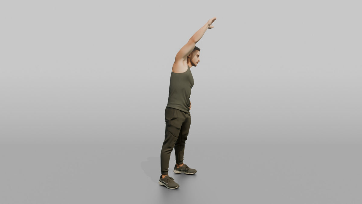 Fitness Influencer Man Doing A Standing Side Stretch, One Arm Overhead - 3D character model, view 2