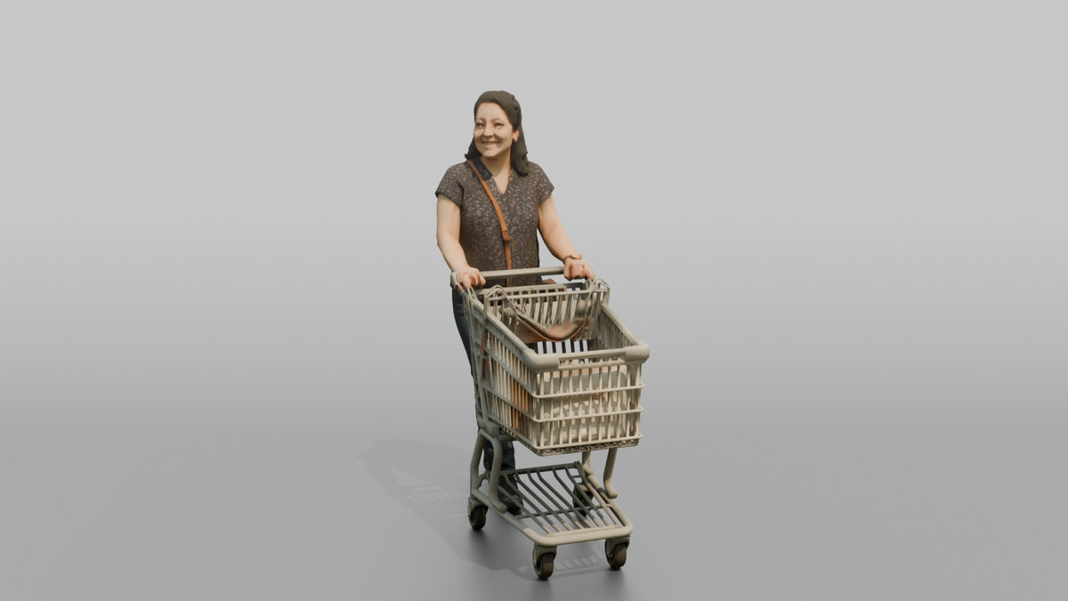 Woman Customer Pushing A Shopping Cart With An Empty Child Seat - 3D character model, view 4