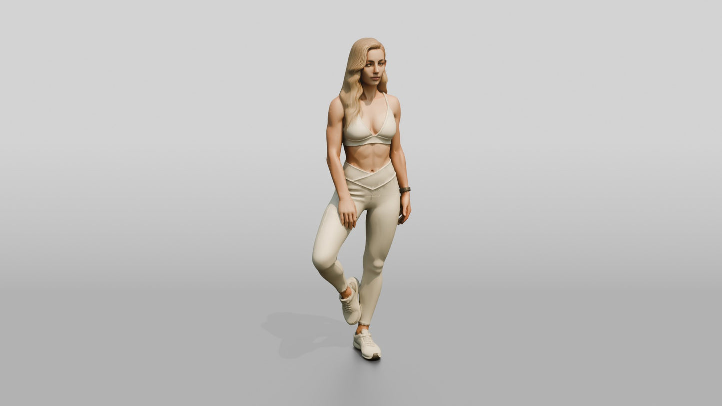 Blonde Woman in Cream Activewear in a Balance Pose