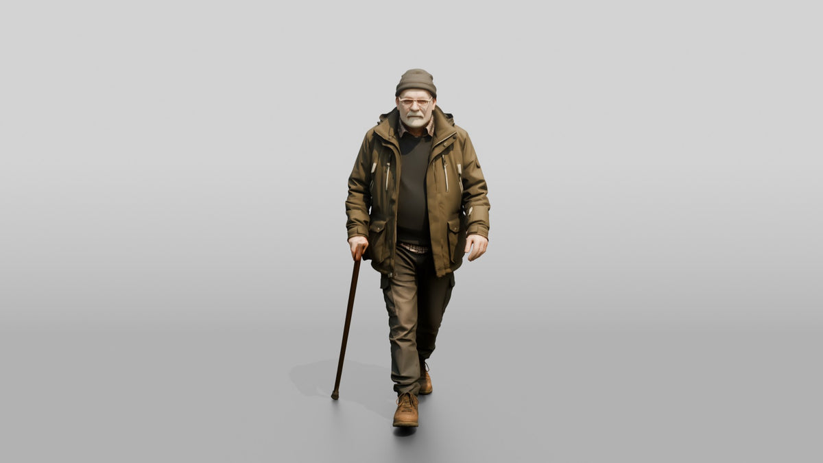 Elderly White Man Walking Slowly in Waterproof Jacket - 3D character model, view 5