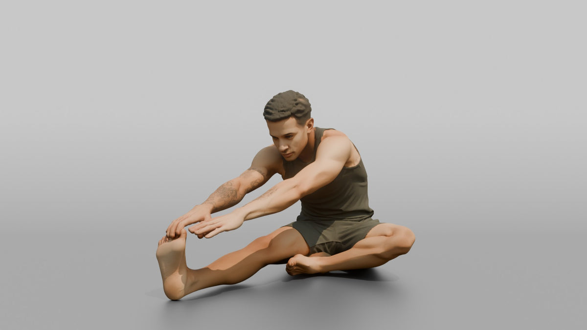 Fitness Influencer Man Stretching One Leg Forward, Hands Reaching Toward The Foot - 3D character model, view 5