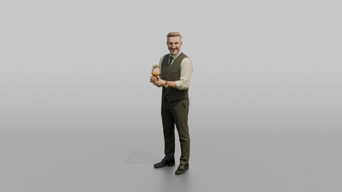 Bartender Man Presenting A Finished Cocktail With Both Hands - 3D character model, view 5