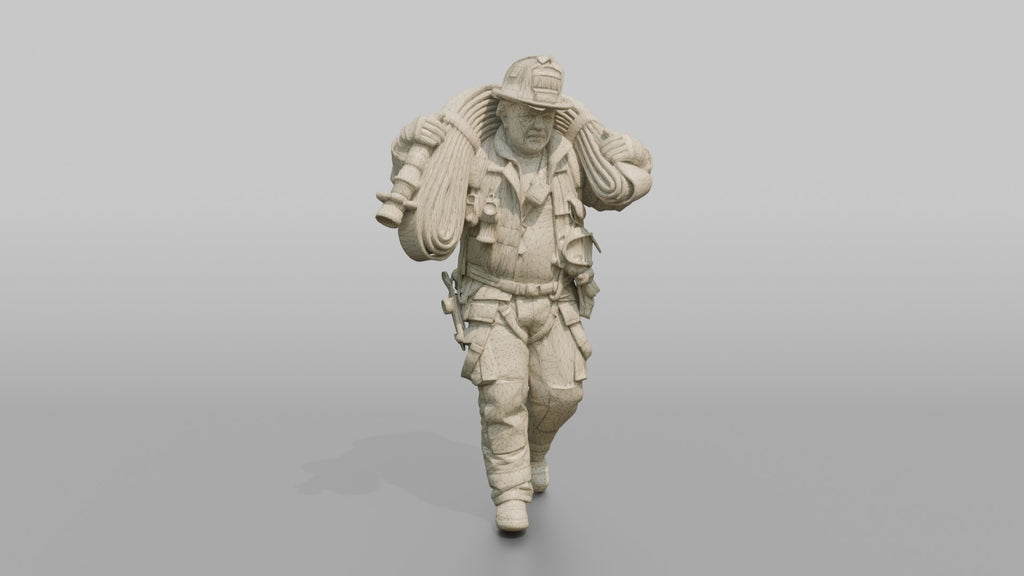Firefighter Man Carrying a Hose Bundle on Both Shoulders