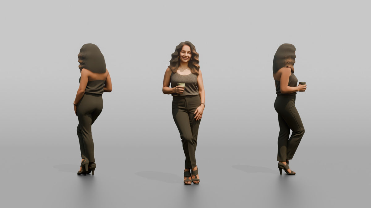 Patron Woman Leaning Back Against A Wall, Holding A Glass - 3D character model, view 1