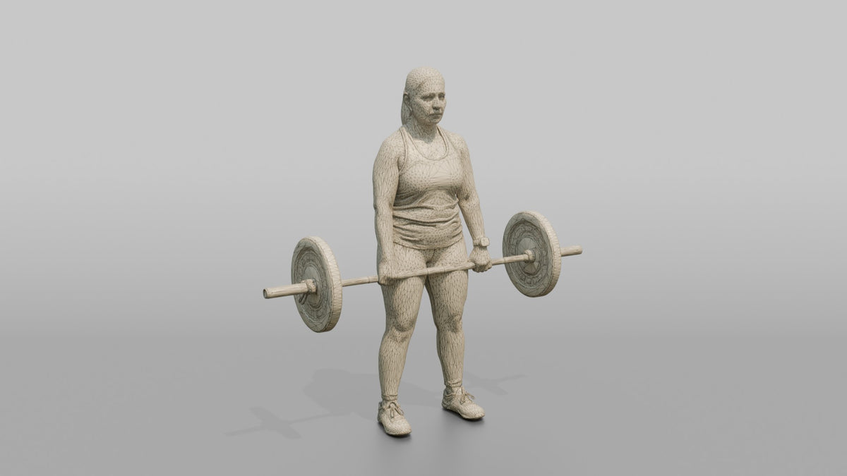 Weightlifter Woman Holding A Loaded Barbell At The Hips Ready To Lift - wireframe topology preview