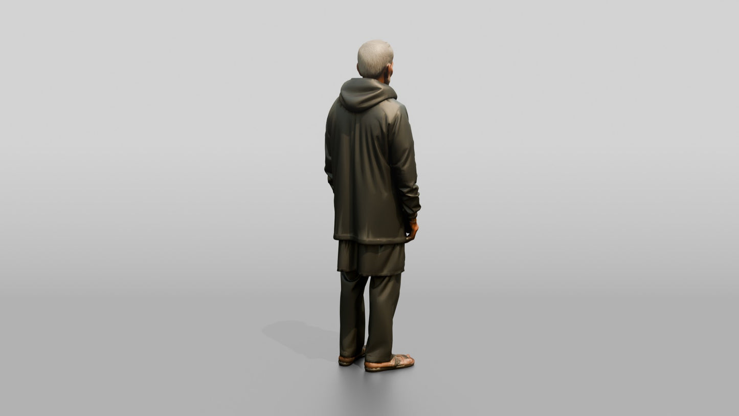 Elderly Indian Man Standing Calmly in the Rain