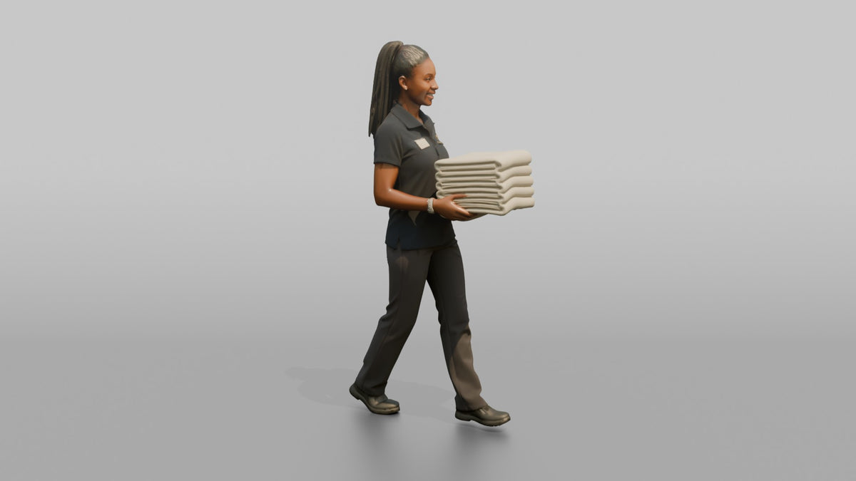 Spa Attendant Man Carrying A Stack Of Folded Pool Towels - 3D character model, view 2