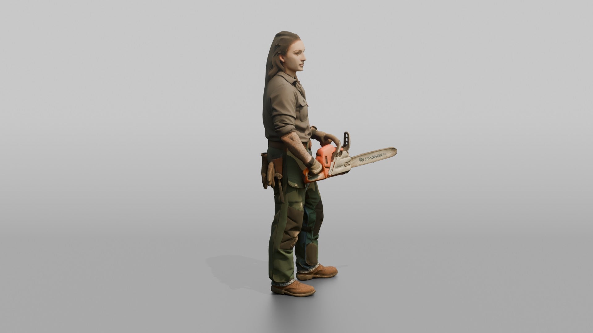 Farmer Holding Chainsaw Wearing Protective Chaps