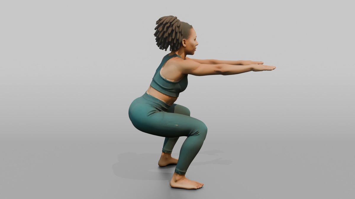 Fitness Influencer Woman Doing A Bodyweight Squat, Arms Extended Forward - 3D character model, view 2