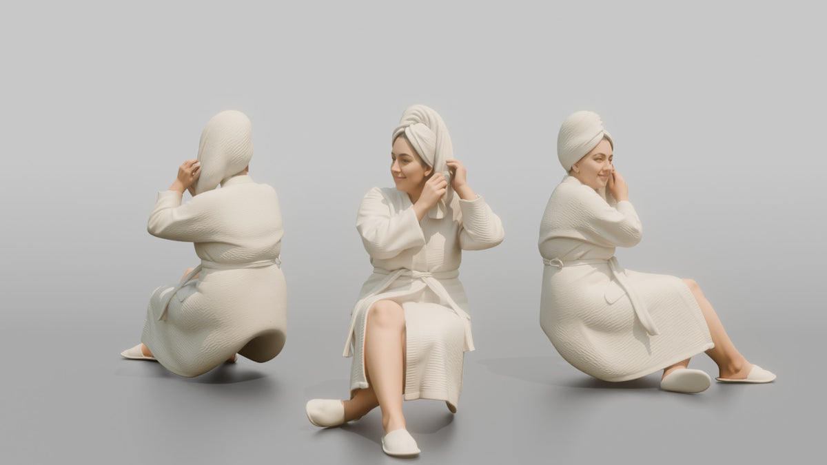 Spa Client Woman Sitting In A Robe, Adjusting A Hair Towel - 3D character model, view 1