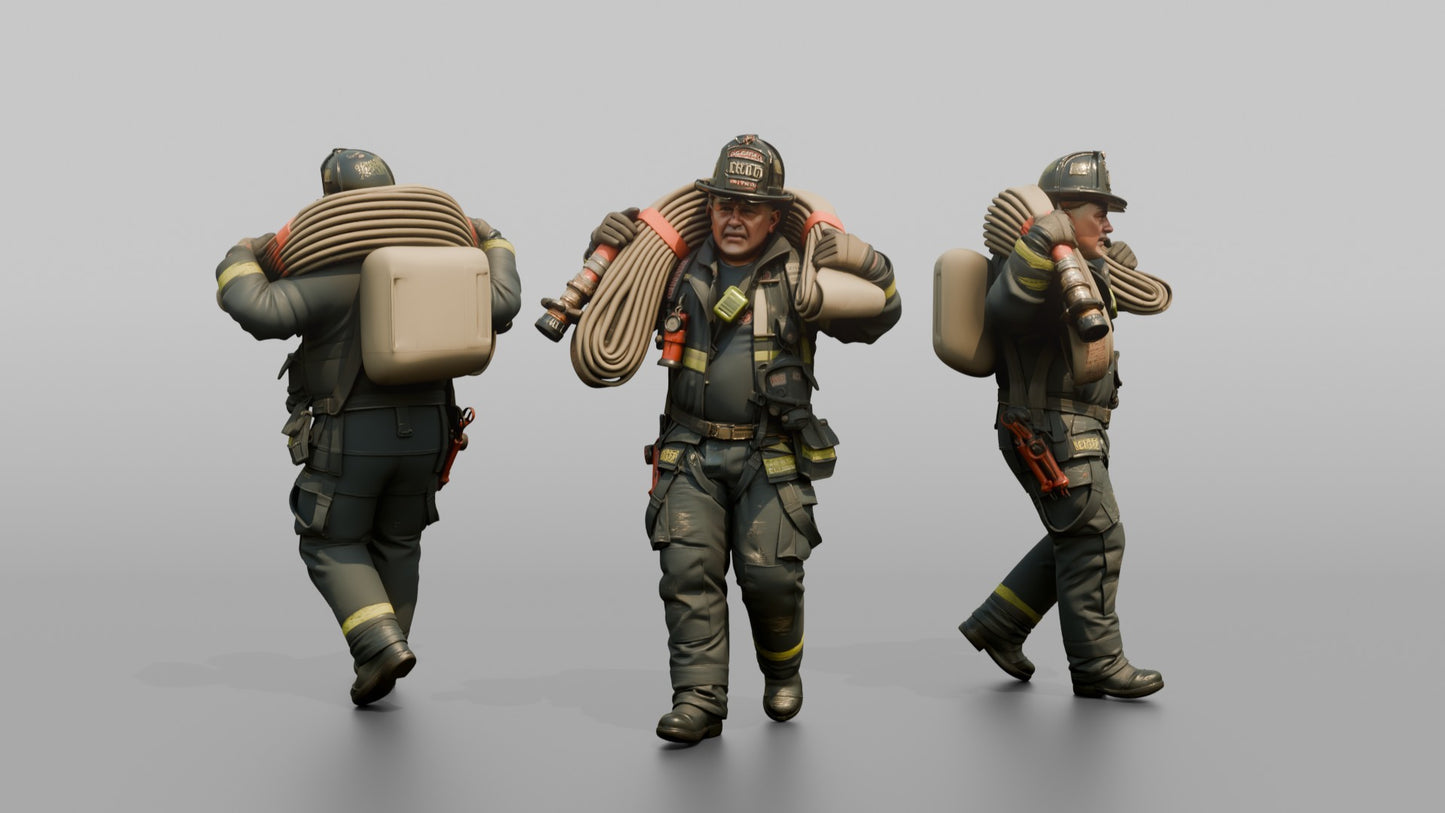 Firefighter Man Carrying a Hose Bundle on Both Shoulders