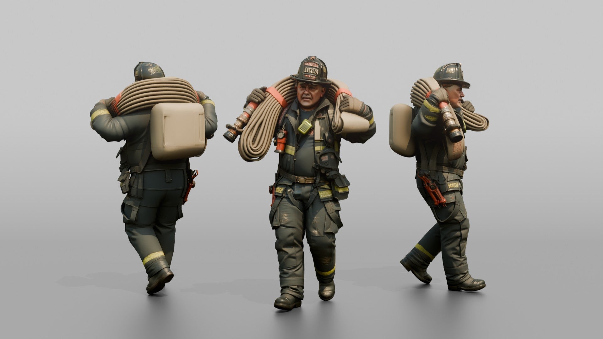 Firefighter Man Carrying a Hose Bundle on Both Shoulders