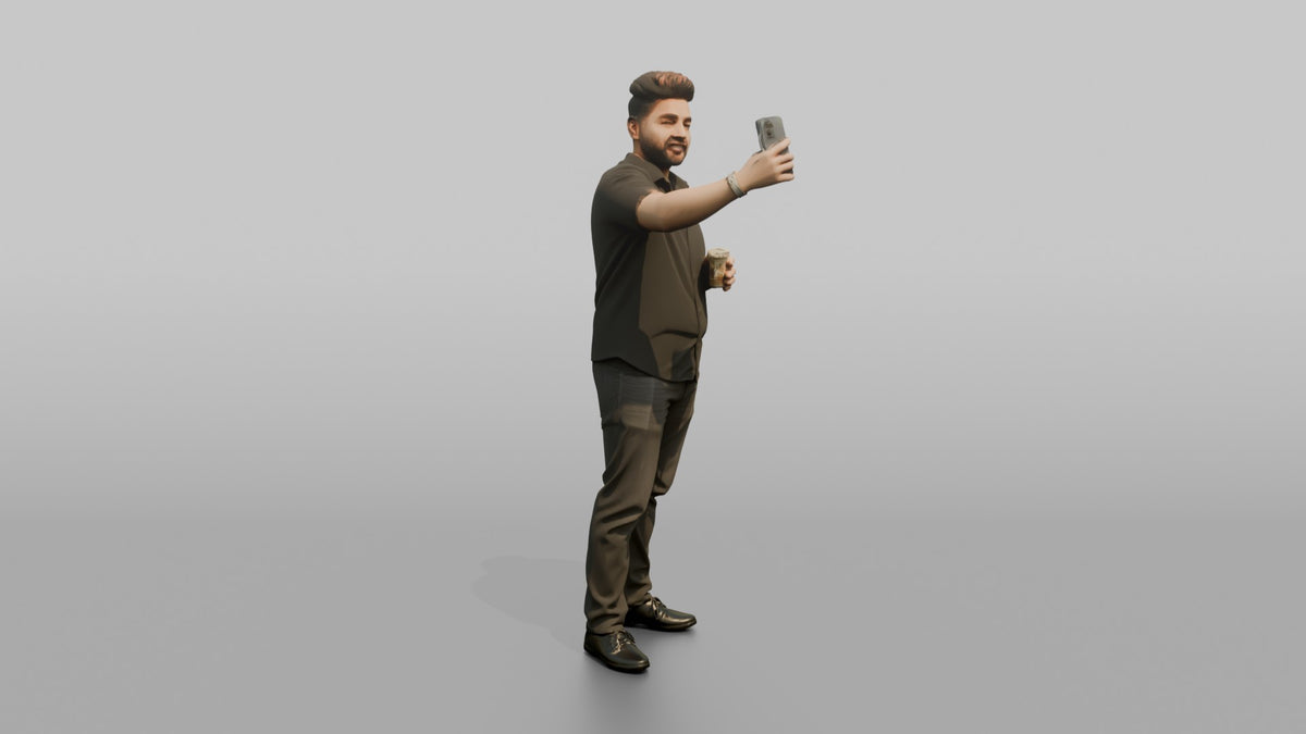 Patron Man Holding A Drink And A Phone, Taking A Photo - 3D character model, view 2