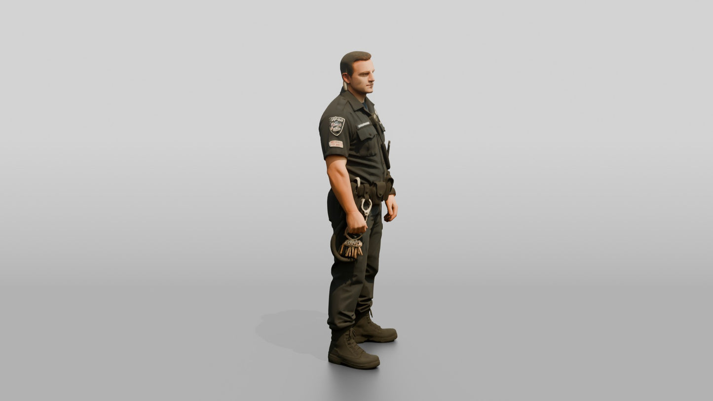 White Male Guard in a Navy Blue Tactical Guard Uniform
