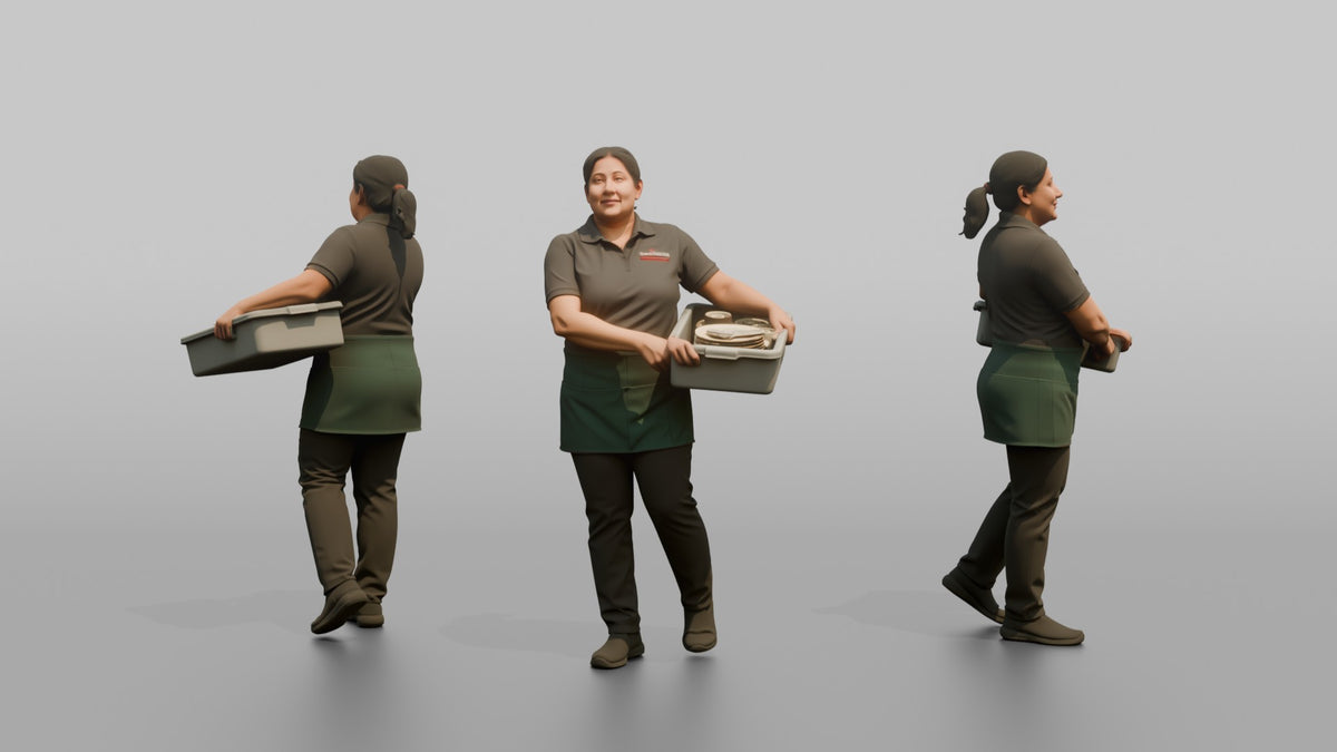 Server Woman Carrying A Bus Tub Of Dishes - 3D character model, view 1