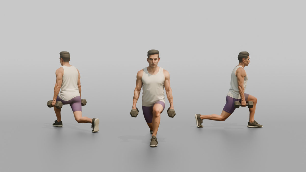 Weightlifter Man Holding Two Dumbbells At The Sides Mid-lunge - 3D character model, view 1