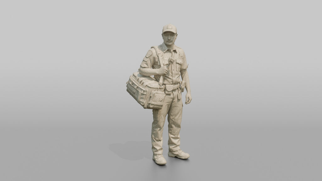 Firefighter Man Carrying a Bright Red Medical Emergency Trauma Bag