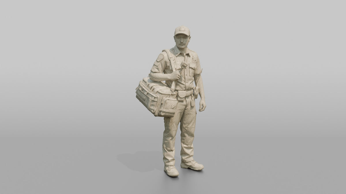 Firefighter Man Carrying a Bright Red Medical Emergency Trauma Bag - wireframe topology preview