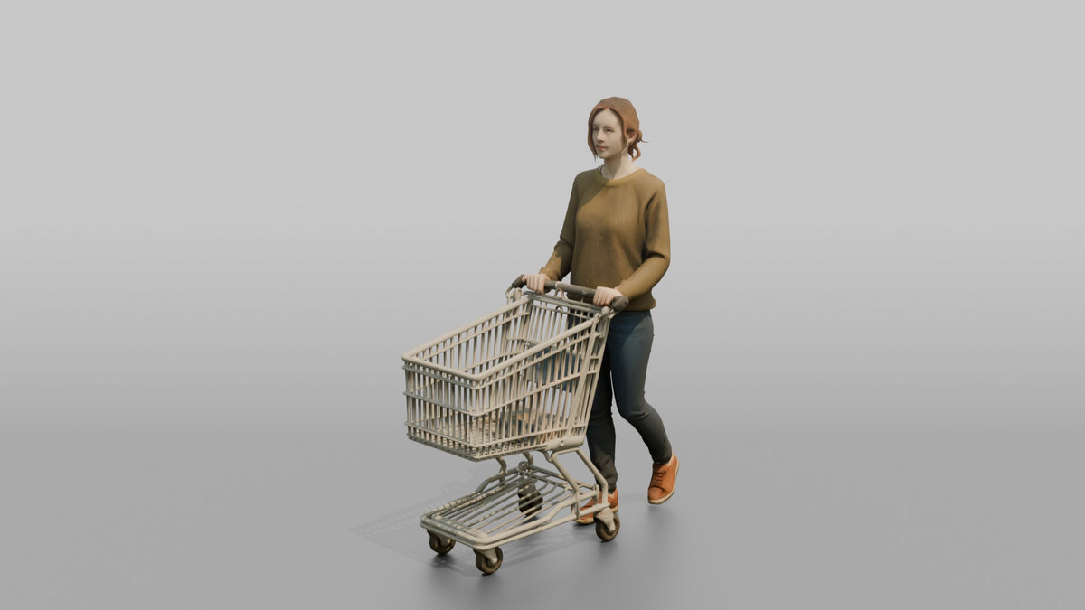 Woman Customer Pushing A Small Shopping Cart - 3D character model, view 5
