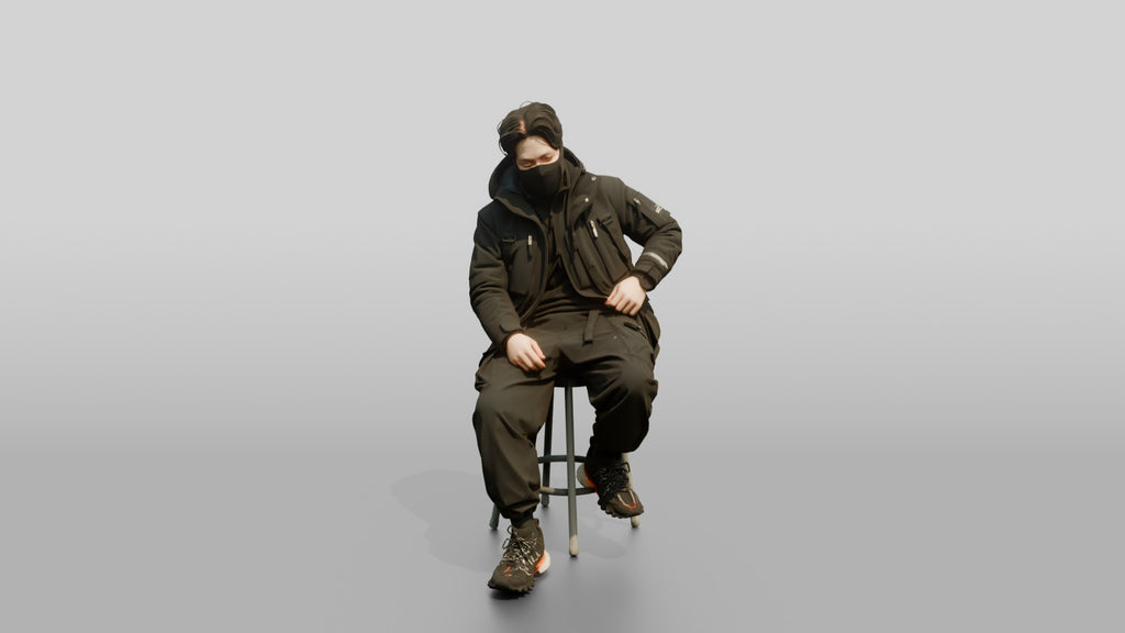 Techwear Man Relaxing on a Stool